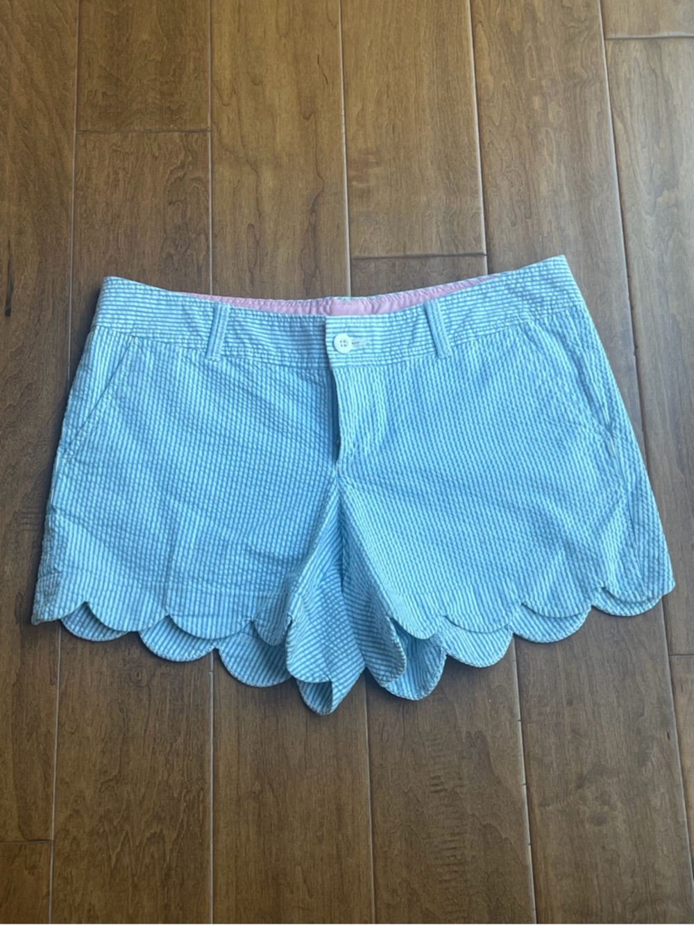 Scalloped Hem Seersucker Shorts Light Blue